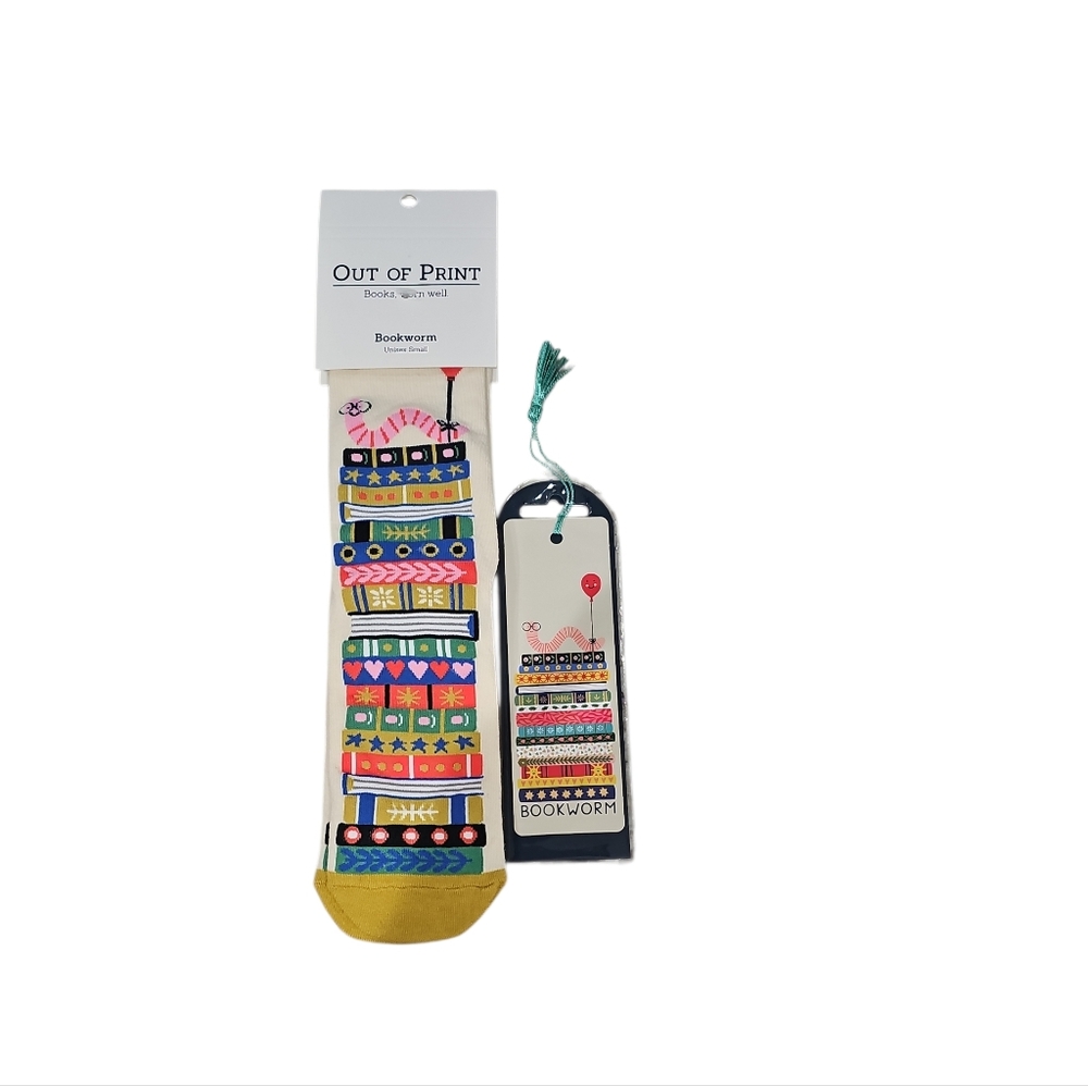 Out Of Print Unisex Matching Socks Sz Small. And Book Mark.  NWT